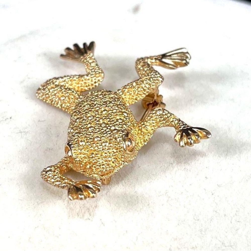 Vintage Christian Dior Signed Textured Gold Plated Jumping Frog Pin/ Brooch